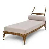Franck Evennou-Style Chaise Lounge, c. 2000, patinated brass, upholstery, unmarked, bolster and two throw pillows, ht. 41, wd. 32, mattress 73 x 29 1/2, total lg. 91 in.