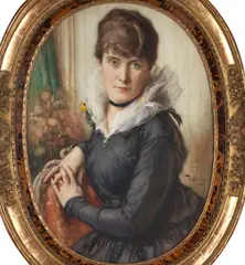 Fernand Toussaint, L'Anniversaire, watercolor, gouache, and chalk on paper, presented in an oval frame