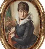 Fernand Toussaint, L'Anniversaire, watercolor, gouache, and chalk on paper, presented in an oval frame