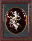Limoges Enamel Plaque, France, enamels on copper, parcel-gilt wood frame, depicting two putti, unmarked, plaque, ht. 6 3/8, wd. 5, frame, ht. 10, wd. 7 3/4 in., France, enamels on copper, parcel-gilt wood frame, depicting two putti, unmarked, plaque, ht
