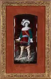 Limoges Enamel Plaque, France, early 20th century, enamels on copper, giltwood and fabric frame with integrated stand, unmarked, plaque, ht. 8, wd. 3 3/4, frame, ht. 12 3/8, wd. 8 1/8 in., France, early 20th century, enamels on copper, giltwood and fabric frame with integrated stand, unmarked, plaque, ht