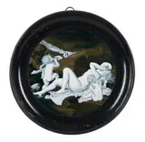Limoges En Grisaille Enamel Plaque, France, early 20th century, enamels on copper, lacquered wood frame, depicting Venus with putti, signed l. rt. "M. Liv [?]," plaque, dia. 4 1/2, frame, dia. 6 1/2 in., France, early 20th century, enamels on copper, lacquered wood frame, depicting Venus with putti, signed l