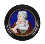 Limoges Enamel Portrait Plaque, France, early 20th century, enamels on copper, black lacquer and giltwood frame, signed l. lt. "Bissy," plaque, dia. 3 1/8, frame, dia. 4 1/2 in., France, early 20th century, enamels on copper, black lacquer and giltwood frame, signed l