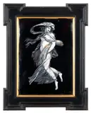 Limoges En Grisaille Enamel Plaque, France, dated 1872, enamel with gold on copper, parcel gilt and lacquered wood frame, signed l. rt. "L.W. 1872," plaque, ht. 8, wd. 5 3/4, frame, ht. 11 3/8, wd. 9 in., France, dated 1872, enamel with gold on copper, parcel gilt and lacquered wood frame, signed l