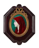 Limoges Enamel Portrait Plaque, France, early 20th century, enamels on copper, wood and patinated metal frame, unmarked, plaque, ht. 3 1/4, wd. 2 1/2, frame, ht. 7, wd. 5 1/2 in., France, early 20th century, enamels on copper, wood and patinated metal frame, unmarked, plaque, ht