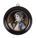 Limoges Enamel Portrait Plaque, France, early 20th century, enamels on copper, wood and patinated metal frame, signed l. rt. "ART," plaque, dia. 3 1/8, frame, dia. 4 1/4 in., France, early 20th century, enamels on copper, wood and patinated metal frame, signed l