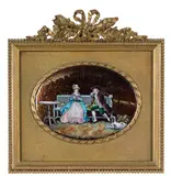 Limoges Enamel Plaque, France, early 20th century, patinated metal frame with integrated stand, unmarked, plaque, ht. 3, wd. 4 1/4, frame, ht. 6 1/2, wd. 6 3/8 in.