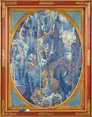 Sergueï Chepik, Les Masques (Маски) (or Venetian Masks), mixed media on canvas in an oval stretcher