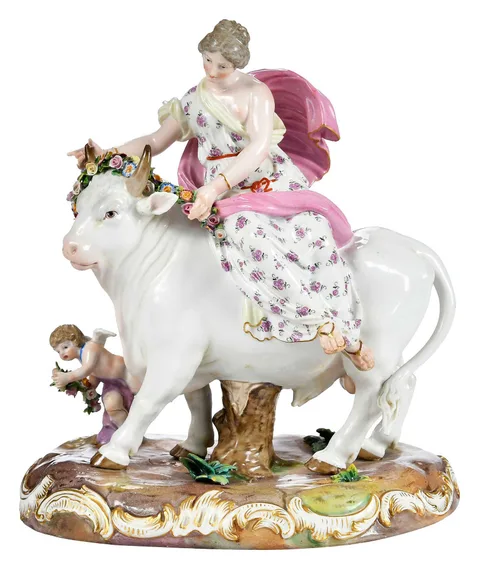 Meissen, Porcelain Figural Group, Europa atop Zeus as a Bull