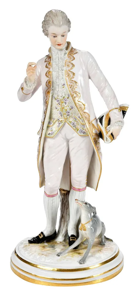 Meissen, Porcelain Figural Group, Kavalier mit Hund