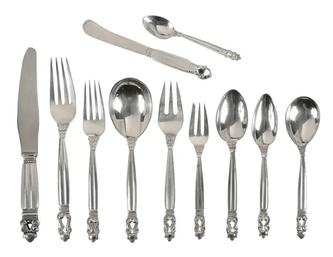 Georg Jensen, Acorn Sterling Flatware, 86 Pieces