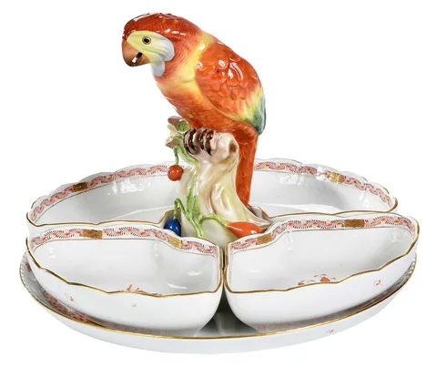 Herend, Porcelain Parrot Hors d'Oeuvres Tray in Chinese Bouquet Rust
