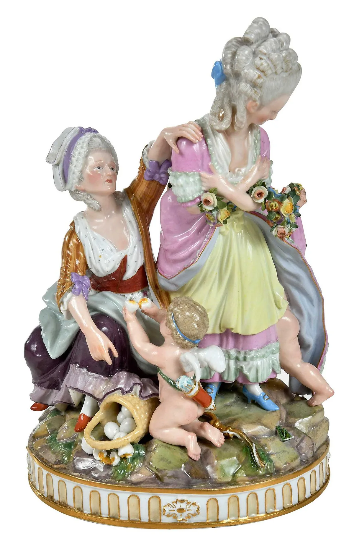 Figural Group, The Broken Eggs by Meissen, enamel and gilt decorated, sold Jun 2024