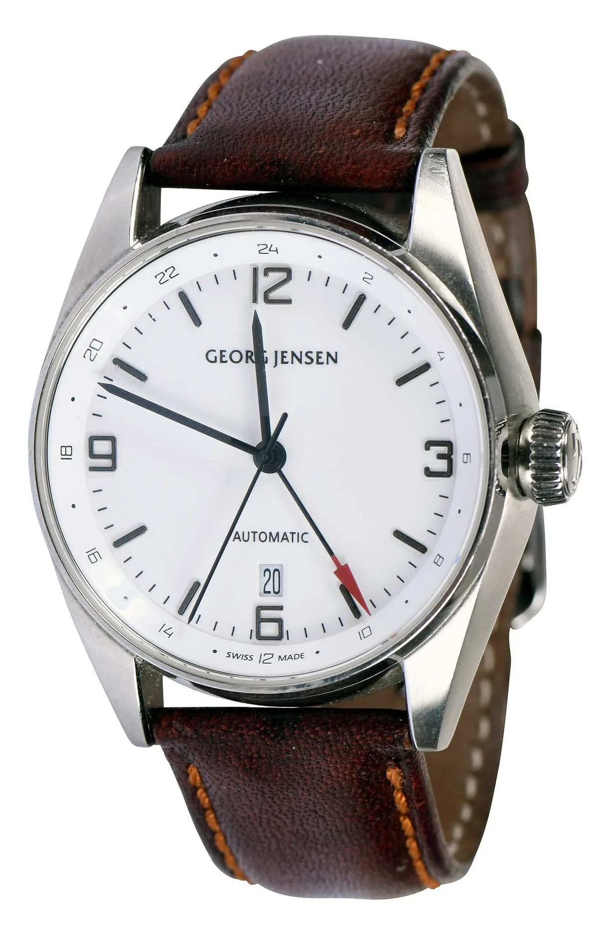 Delta GMT Automatic Watch by Georg Jensen, Dakota genuine brown leather band with buckle, sold Jan 2024