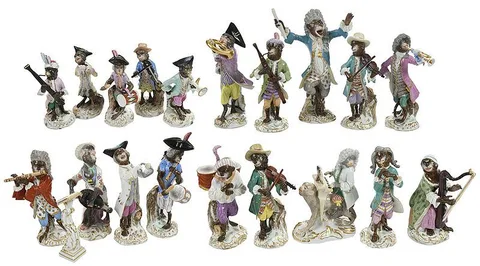 Meissen, and Meissen Style 19 Piece Monkey Band, each porcelain figure with polychrome enamel and gilt decoration