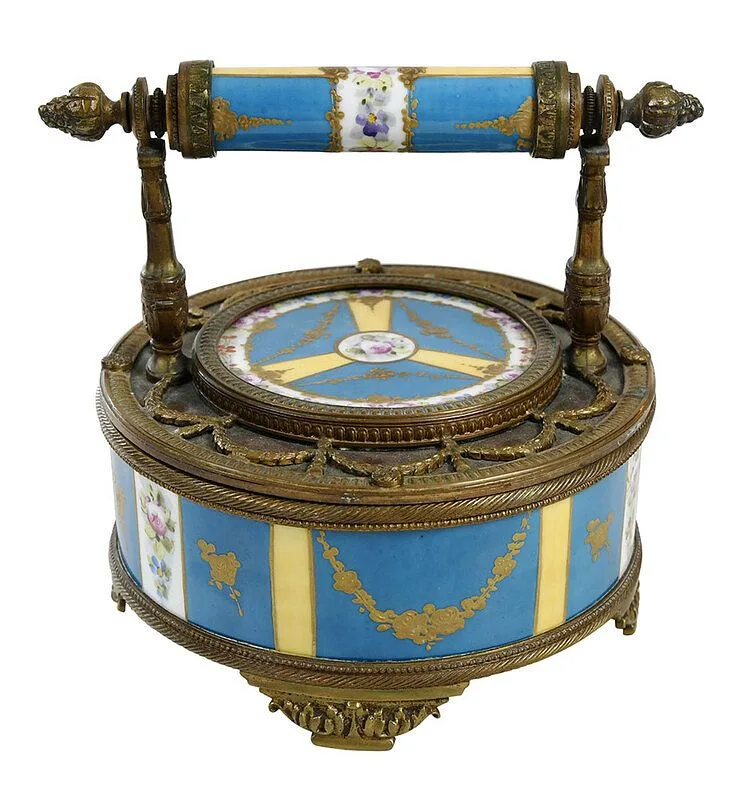 Bronze Mounted Lidded Porcelain Box by Sèvres, gilt bronze mounts marked "France", offered May 2021
