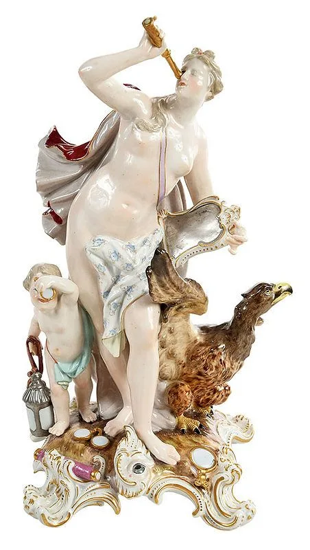 Meissen, Figure Representing Sense of Sight, woman with telescope flanked by bird and boy with magnifying glass