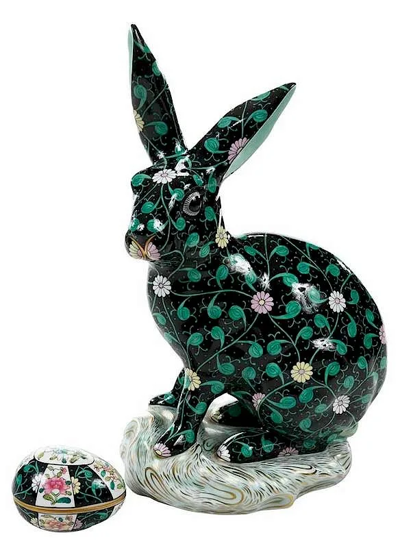 Porcelain Black Dynasty Rabbit, Egg by Herend, sold May 2019