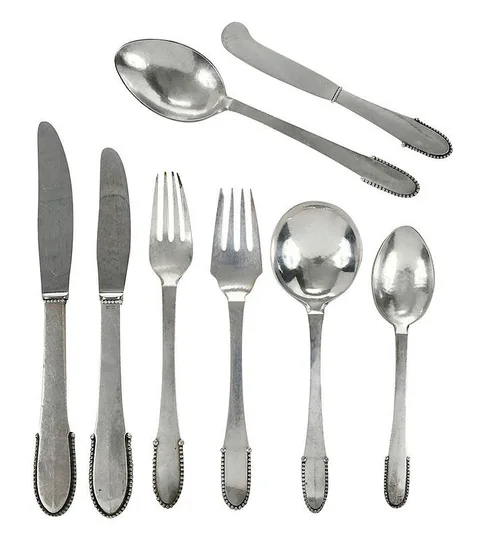 Sterling Flatware, 85 Pieces by Georg Jensen, ten 5-7/8 in. hollow handle spreader stainless steel blades, sold Nov 2018