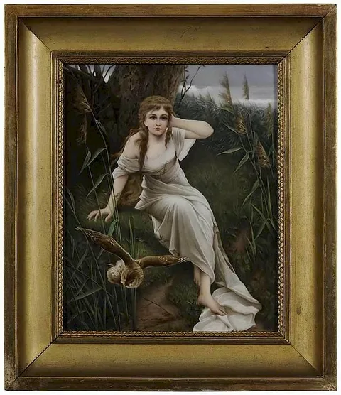 Kpm, Plaque of Lady and Owl, c. 1900, porcelain plaque depicting a woman in a white dress