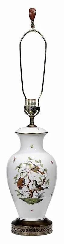 Rothschild Bird Table Lamp by Herend, porcelain baluster form attached to pierced and gilded metal base, sold Mar 2017