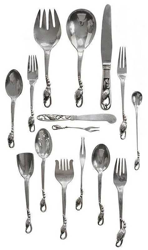 Blossom Sterling Flatware by Georg Jensen, 1933, sterling blades, offered May 2014
