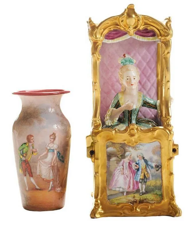 Porcelain Hand-Painted by Sèvres, ] finely enameled vase depicting a courting couple in a landscape, sold Sep 2014