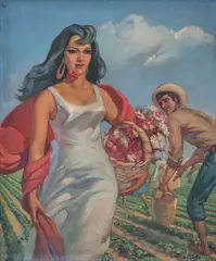 Alfredo González, Recogiendo fresas, Óleo sobre tela