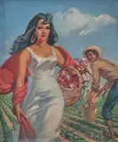 Alfredo González, Recogiendo fresas, Óleo sobre tela