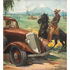 AUTOMOVIL CLÁSICO Y JINETE ANTE EL POPOCATÉPETL by Carlos Ruano Llopis, Óleo sobre tela, sold Nov 2025