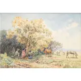 ESCENA CAMPESTRE CON CABALLOS by Paul Fischer, Acuarela y grafito sobre papel, offered Nov 2025