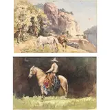 PAISAJE ROCOSO CON CABALLOS Y CHARRO A CABALLO by Paul Fischer, Acuarela y grafito sobre papel, offered Nov 2025