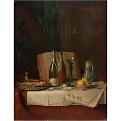 Josef Mansfeld, NATURALEZA MUERTA CON BOTELLAS DE CHAMPAÑA, Óleo sobre madera