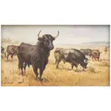 Francisco "pancho" Flores, GANADO TAURINO PASTANDO, Óleo sobre tela