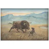Luis Solleiro, TORO EMBISTIENDO A UN PERRO, Óleo sobre tela
