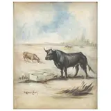 Toro Al Pie de Bebedero, ESPAÑA, SIGLO XX, Óleo sobre tela