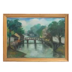 Aurelio Pescina, Paisaje con puente, Óleo sobre tela. Firmado
