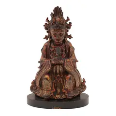 Buda, CHINA, SIGLO XX, Bronce, acabado color rojo; con base de madera ebonizada