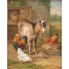 CABRAS Y POLLOS JUNTO A UNA MADRIGUERA by Edgar Hunt, Óleo sobre aglomerado de madera, sold Sep 2025