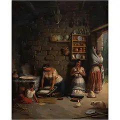 Édouard Pingret, LAS TORTILLERAS (INTERIOR DE COCINA), Óleo sobre tela