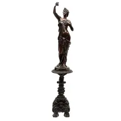 Mujer Helénica, FRANCIA, SIGLO XX, Bronce, patinada en color marrón, adaptable a lámpara; se incluye pedestal de metal