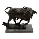 Raymundo Cobo, TORO AL PASO, 1997, Bronce, patinado en color marrón; con base de mármol gris