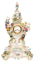 Meissen, FLORAL FIGURAL MANTEL CLOCK, German porcelain mantel clock on stand