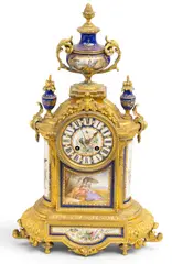Sèvres, and Bronze Mantle Clock, R & C Paris & London 1870, Depth 6", 1870, Having two rounded side inset porcelain panels