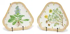 Royal Copenhagen, Flora Danica Porcelain Serving Plates, 'Ajuga Genevensis, Potentilla Fruticosa', 2 PCS
