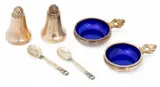 Georg Jensen, Sterling Silver Acorn Open Salts and Pepper Shakers, Boxed 6 PCS, Two open salts #62 with cobalt enamel liners