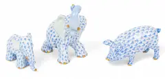 Herend, Manufactory (Hungarian) Three Hand Painted Fishnet Porcelain Animals Two Elephants and a Pig 3 PCS