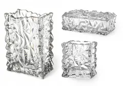 Rosenthal, Line Crystal 'Crinkle Bag' Large Vase, Small Vase And Covered Box 3 PCS