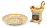 Kpm, Meissen Porcelain Scenic "Corners Weisberg Bei" 19th.c., Cup And Saucer 2 PCS