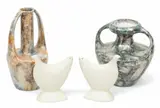 Arabia, Twin Handle Earthenware Vases (2) + Birds (2) 4 PCS